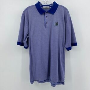 Pringle of Scotland Mens Blue White Striped Cotton Polo Shirt Floral Logo Large